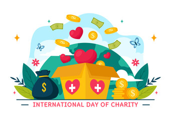Obraz premium Vector Illustration for International Day of Charity on September 5th with a Donation Package, Love Concept Background by Volunteer in Flat Cartoon