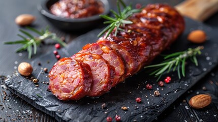 Sliced Smoked Sausage on Black Slate Platter