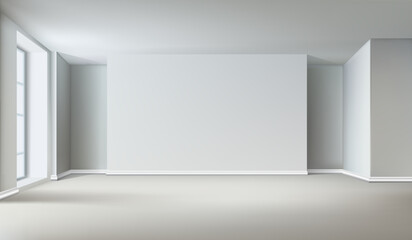 3d realistic vector illustration. Empty white room interior with big window and empty wall for precentation space.