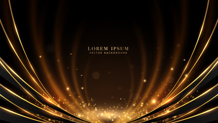 Black luxury background decoration with golden line curve, glowing light beam, and shiny dot effect