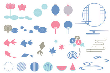 レトロな夏の和風モチーフのイラストセット　フレーム　縁起物　背景イラスト