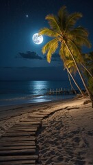 palm tree on the beach at night with blue moon 