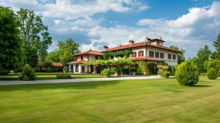 Obraz premium A beautiful country estate with a large garden, picturesque landscape, and a traditional farmhouse