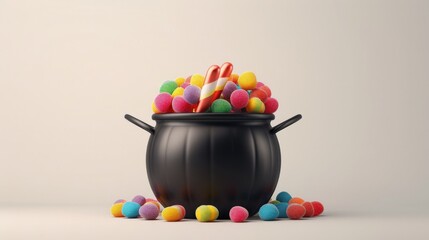 A black cauldron filled with colorful candies and candy canes, perfect for Halloween or festive celebrations.