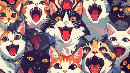 A high-resolution background featuring various cats, each expressing unique happy emotions in anime style.