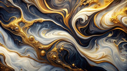 Fototapeta premium Luxurious abstract gold art piece showcasing marbleized swirls on dark background with fluid white textures and watercolor brushstrokes.