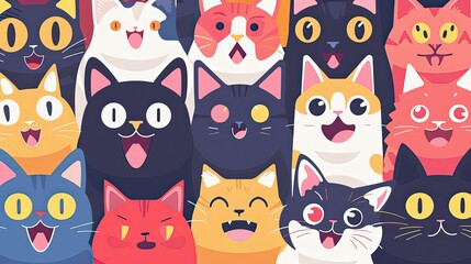 A cheerful high-resolution background image showcasing cats displaying various happy emotions in anime style.