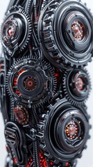 Fototapeta premium Close-up of intricate futuristic mechanical gears with glowing red elements. High-tech machinery concept in detailed design.