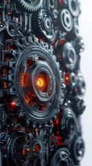 Fototapeta premium Close-up of intricate mechanical gears and cogs with a glowing orange light, showcasing industrial technology and engineering design.