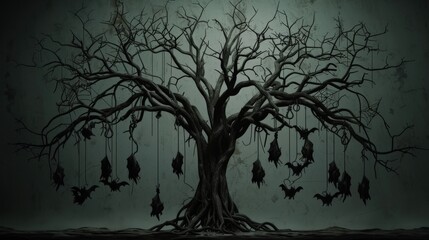 Dark, eerie tree with bats hanging from branches, evoking a haunting, spooky Halloween atmosphere.