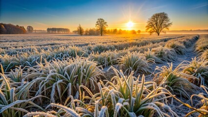 Frosty meadow landscape at sunrise, damaged winter crops and frozen plants, hoarfrost-covered agricultural fields threaten delayed wheat sowing season.