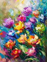 A vibrant, abstract painting depicting a cluster of flowers with thick brushstrokes and vivid hues