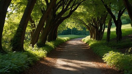 Lush forest path with tall trees and vibrant green grass, a serene natural escape