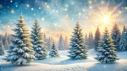 Fototapeta premium Serene winter wonderland scene featuring blurred snow-covered pine trees against a soft, creamy white snowy background, perfect for festive decor.