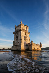 Belem Tower or Tower of St Vincent - famous tourist landmark of Lisboa and tourism attraction - on...