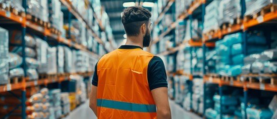 Warehouse worker in a high visibility vest, managing inventory in a large storage facility with shelves stocked with goods.