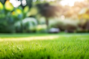 Panoramic close up of green grass with blurred garden background