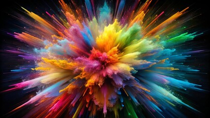 Vibrant colors burst forth in a dynamic explosion of energy and motion against a stark black background, evoking intense vitality.