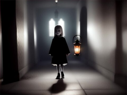A ghostly child holding a lantern in a dark hallway.

