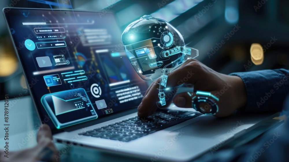 Poster an illustration of a robot using a laptop symbolizes technology and coding in artificial intelligenc