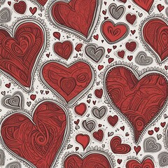 Abstract doodle red  heart shape, in bohemian style texture seamless pattern, Valentine day concept, graphic illustration cartoon generative ai