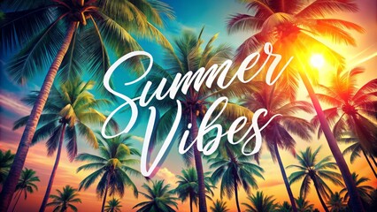 Vibrant colorful abstract tropical background with stylized edit-friendly summer vibes text effect in bold cursive font with palm trees.