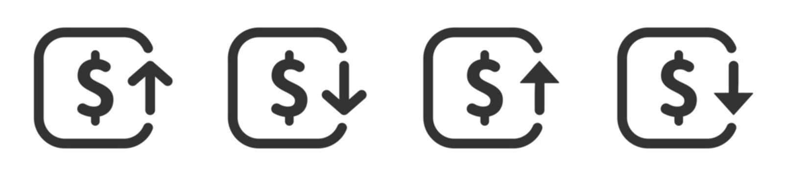 Cost reduction and increase icons. Dollar decrease and increase flat vector icons set
