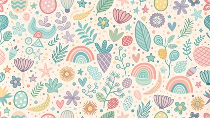 Whimsical pastel hues meet hand-drawn doodles in an abstract flat design background, exuding playfulness and creativity in a dreamy atmosphere.