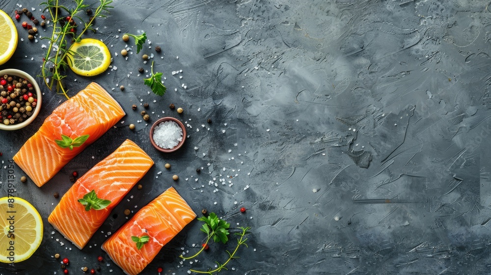 Poster fresh salmon with herbs and spices on textured background for diet and cooking concept top view with