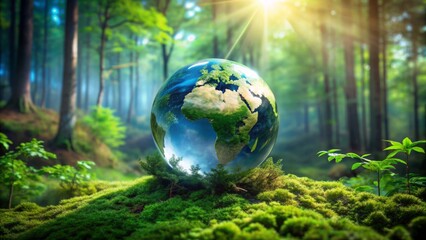 Serene lush green forest surrounds a glowing blue globe, symbolizing a sustainable, eco-friendly planet with thriving nature, free of pollution.