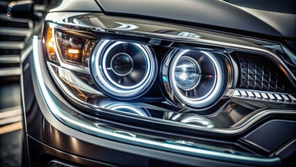 Fototapeta premium Sleek, angular, LED-lit automotive headlamp with intricate design elements and glossy black surround, sharp focus, dark blurred background.