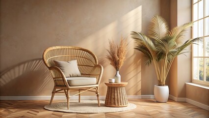 Fototapeta premium Empty beige wall mockup in bohemian room interior with wicker armchair vase natural daylight from window promotion background
