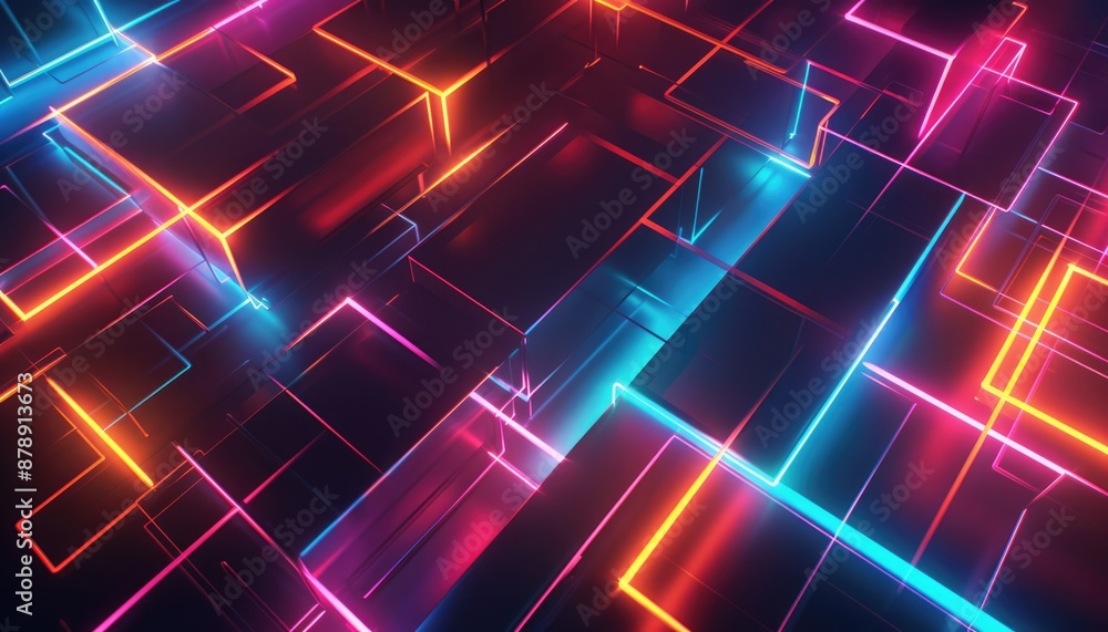 Poster dynamic and colorful neon light trails creating a vibrant, abstract background with glowing elements