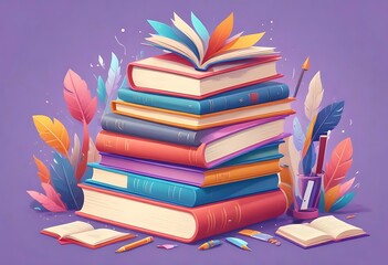stack of books with stationery, learning wisdom concept, illustration cartoon generative ai