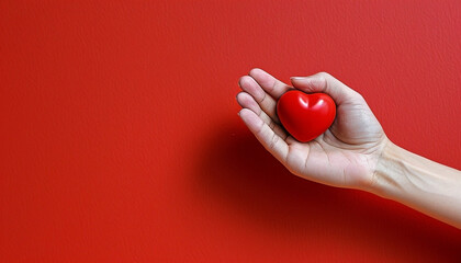 A person holding an red heart in hand against a red background, symbolizing love and healthcar