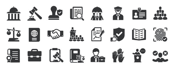 Court glyph solid icons collection. Containing judgement, justice, lawyer, investigation. For website marketing design, logo, app, template, ui, etc. Vector illustration.