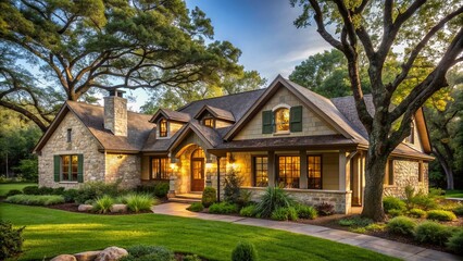 Traditional single-story limestone and cedar clad residence with rustic charm, surrounded by lush greenery and majestic oak trees outdoors.