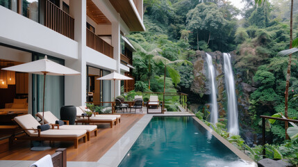 Accommodation at hotel resort by river waterfall field for healing vacation