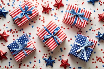 Fototapeta premium USA Independence Day concept. Top view photo of present boxes in national flag colors star garland