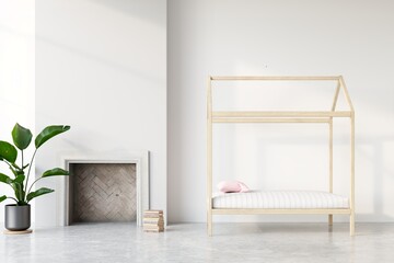 Home interior mock-up frame with bed, fireplace and decor in modern livingroom, 3d render