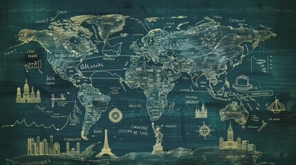 A chalkboard-style world map, with chalk marks and notes indicating major cities and points of interest