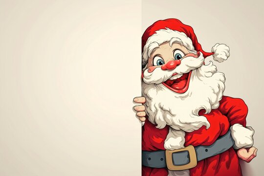 Cute Santa Claus peeking of blank sign, board, card or letter.  Merry Christmas and Happy New Year. Cute cartoon character. Template for banner, poster, greeting card or letter with copy space