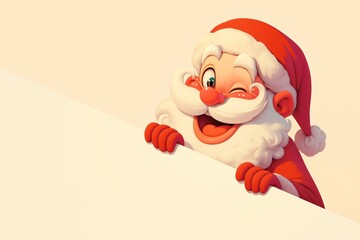 Cute Santa Claus peeking of blank sign, board, card or letter.  Merry Christmas and Happy New Year. Cute cartoon character. Template for banner, poster, greeting card or letter with copy space