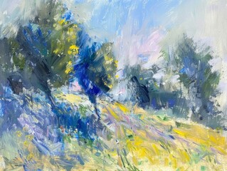 Naklejka premium An abstract landscape painting of trees and a field in afternoon sunlight, with blue and green colors and brushstrokes