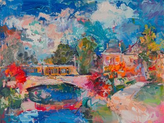Fototapeta premium A colorful painting depicting a yellow tram crossing a bridge over a canal, surrounded by lush greenery and a clear blue sky with fluffy white clouds
