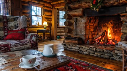 Obraz premium Cozy log cabin with a burning fireplace and a white cup of hot tea
