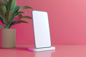 Smartphone with white screen on a stand in an interior with plants, emphasizing presentation and mockup