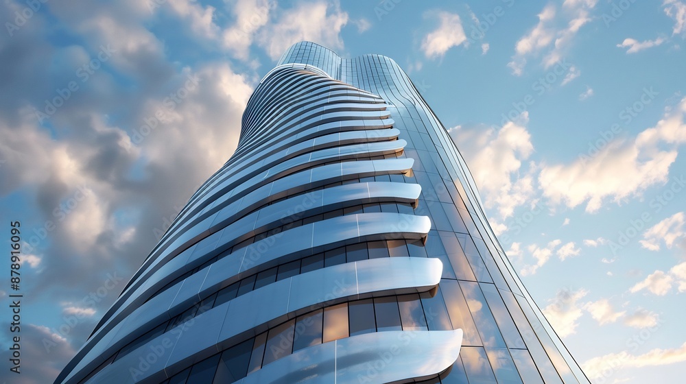 Wall mural curved glass skyscraper with clouds