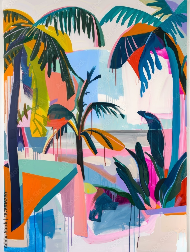 Poster A vibrant abstract painting with palm trees, colorful shapes, and dripping paint