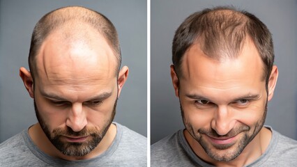 Split-screen collage on gray background showing before and after results of hair restoration treatment for male pattern baldness.